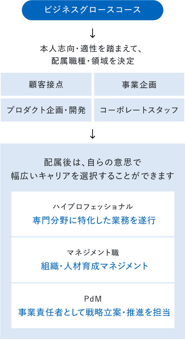 ビジネスグロースコースでは、「顧客接点」「事業企画」「プロダクト企画・開発」「コーポレートスタッフ」より本人志向・適性を踏まえて、配属職種・領域を決定する。 配属後は、自らの意思で以下のような幅広いキャリアを選択することができる。専門分野に特化した業務を遂行するハイプロフェッショナル、組織・人財育成マネジメントを行うマネジメント職、事業責任者として戦略立案・推進を担当するPdM